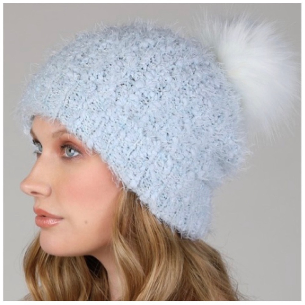 - Kala Vella Popcorn Eyelash Faux Fur Blue Beanie With White Pom